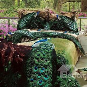 New Arrival Beautiful Green Peacock Print 4 Piece Bedding Sets