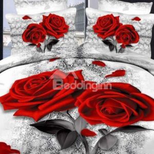 New Arrival Gorgeous Red Roses and Petals Print 4 Piece Bedding Sets