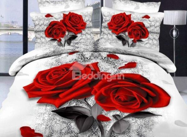 New Arrival Gorgeous Red Roses and Petals Print 4 Piece Bedding Sets