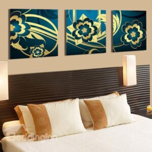 New Arrival Beautiful Golden Floral Patterns Blue Print 3-piece Cross Film Wall Art Prints