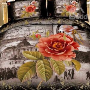 New Arrival Beautiful Orange Flower and Scenic Spot Print 4 Piece Bedding Sets