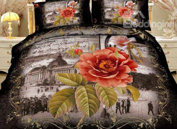 New Arrival Beautiful Orange Flower and Scenic Spot Print 4 Piece Bedding Sets