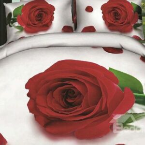 New Arrival Beautiful Red Rose and Green Leaves Print 4 Piece Bedding Sets