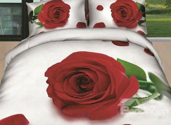 New Arrival Beautiful Red Rose and Green Leaves Print 4 Piece Bedding Sets