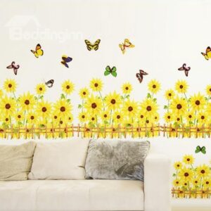 New Arrival Lovely Yellow Sunflowers Fences and Butterflies Print Wall Stickers