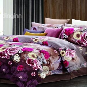 Floral Pattern with Royal Purple Background 4 Piece Staple Cotton Duvet Cover Sets