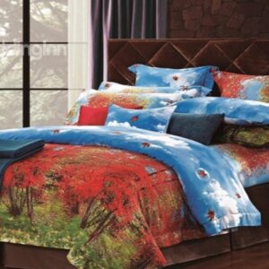 Red Jungle and Blue Sky Print 4 Piece Cotton Bedding Sets
