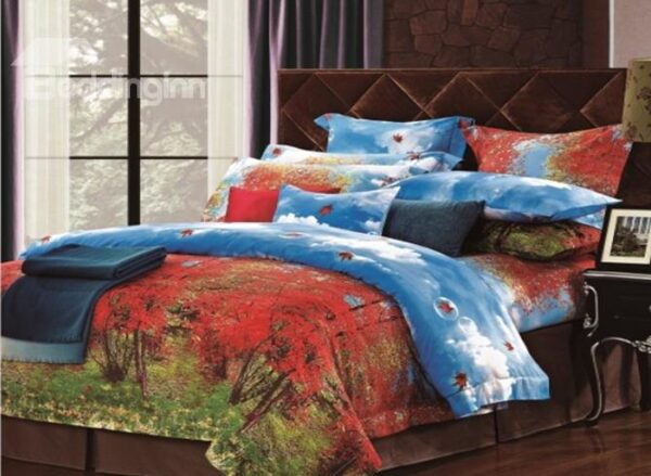 Red Jungle and Blue Sky Print 4 Piece Cotton Bedding Sets