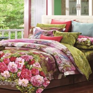 Beauty Peony Garden Print Staple Cotton 4 Piece Bedding Sets
