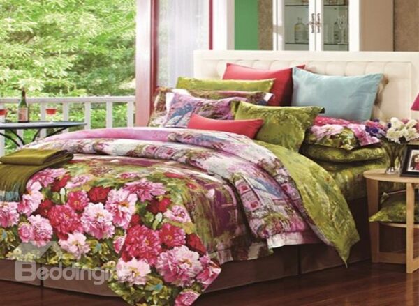 Beauty Peony Garden Print Staple Cotton 4 Piece Bedding Sets
