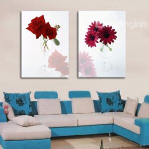 New Arrival Beautiful Red Roses and Daisies in Glass Print 2-piece Cross Film Wall Art Prints
