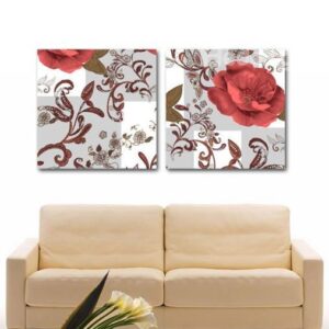 New Arrival Lovely Red Flowers and Brown Patterns Print 2-piece Cross Film Wall Art Prints