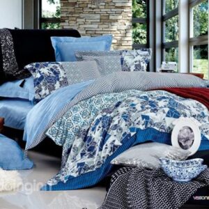 Sky Blue Geometry Pattern 4 Piece Cotton Duvet Cover Sets