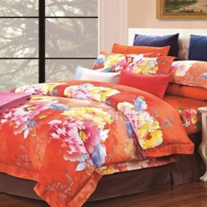 Colorful Peony with Orange Background Pattern 4 Piece Cotton Bedding Sets