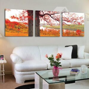 New Arrival Beautiful Tree and Golden Red Leaves Print 3-piece Cross Film Wall Art Prints