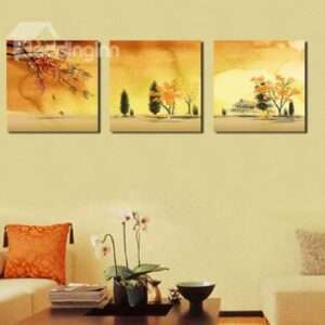 New Arrival Beautiful Golden Trees and Leaves Painting Print 3-piece Cross Film Wall Art Prints