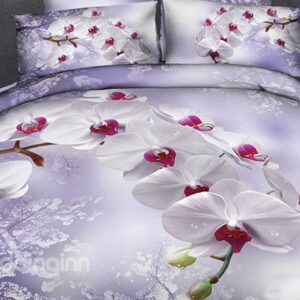 New Arrival Beautiful White Flowers Light Purple Print 4 Piece Duvet Cover Sets