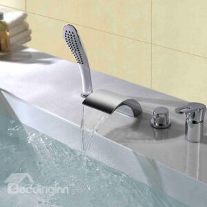 Contemporary Arc-Shaped Double Handles Four Piece Widespread Waterfall Faucet