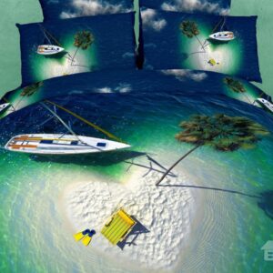 Heart Shaped Isle and Boat in the Green Sea Print 3D Bedding Sets