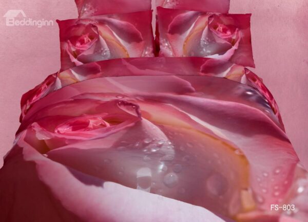 New Arrival Pink Rose Bud with Dew Drops Print 3D Bedding Sets