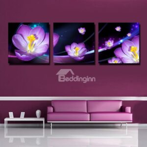 New Arrival 3D Purple Flowers Print 3-piece Cross Film Wall Art Prints