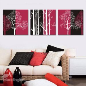 New Arrival White Trees with Black-Red Background 3-piece Cross Film Wall Art Prints