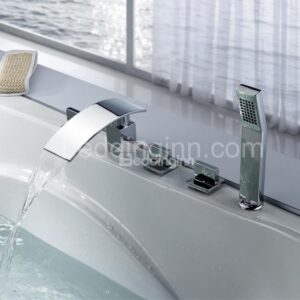 Modern Chrome Finish Three Handles Widespread Waterfall Bathtub Faucet