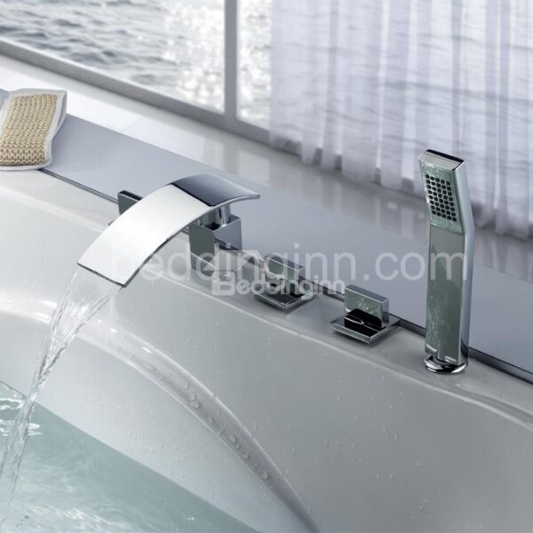 Modern Chrome Finish Three Handles Widespread Waterfall Bathtub Faucet