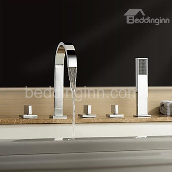 New Arrival High-Arc Spout Waterfall 5 Piece Brass Bathtub Faucet
