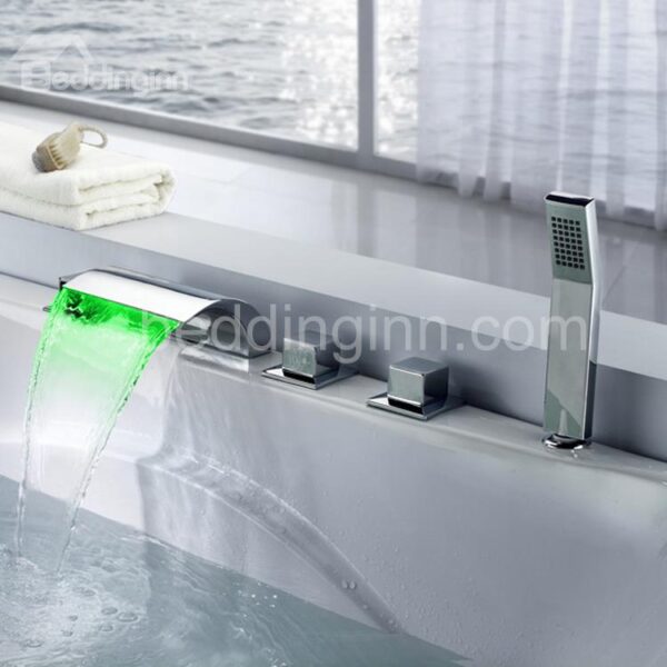 LED Three Color Changing by Temperature Widespread Waterfall Bathtub Faucet
