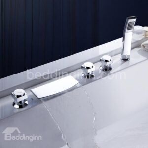 Fashion Chrome Finish Three Handles Widespread Waterfall Flat Bathtub Faucet
