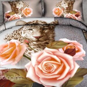 New Arrival Beautiful Leopard and Roses Print 4 Piece Duvet Cover Sets