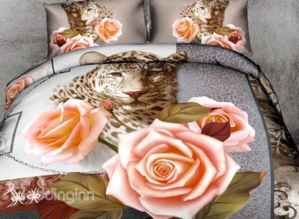 New Arrival Beautiful Leopard and Roses Print 4 Piece Duvet Cover Sets