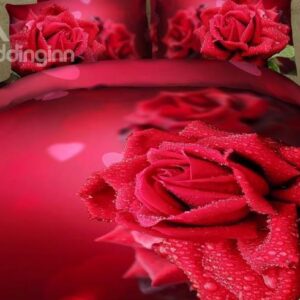 New Arrival Gorgeous Red Roses and Waterdrops Print 4 Piece Duvet Cover Sets