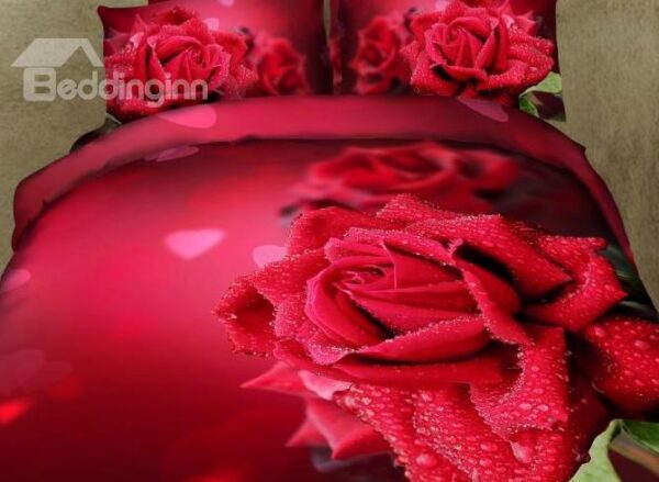 New Arrival Gorgeous Red Roses and Waterdrops Print 4 Piece Duvet Cover Sets