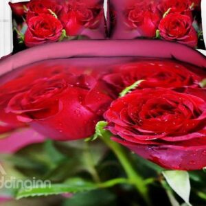 Beautiful Red Roses and Green Leaves Print 4 Piece Duvet Cover Sets