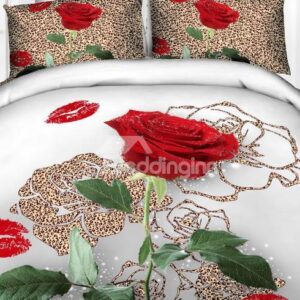 New Arrival Luxurious Leopard Rose and Red Lips Print 4 Piece Duvet Cover Sets