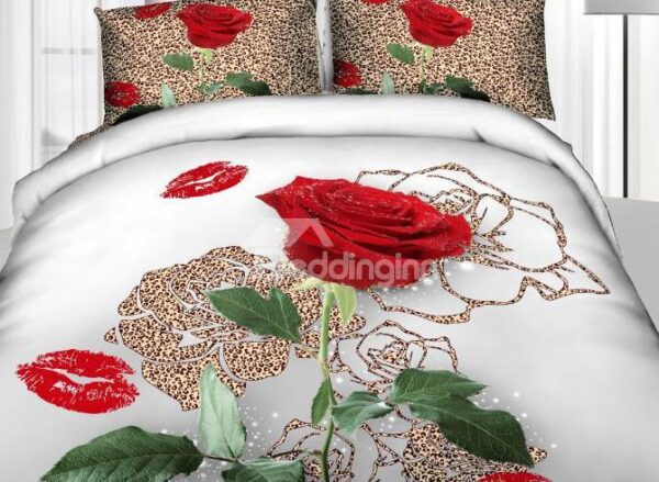 New Arrival Luxurious Leopard Rose and Red Lips Print 4 Piece Duvet Cover Sets