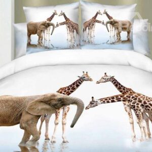 Beauty Nature of Giraffes and Elephants Walking on the River Print Duvet Cover Sets