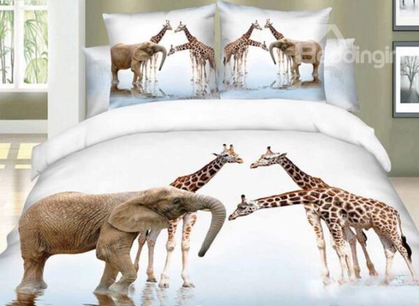 Beauty Nature of Giraffes and Elephants Walking on the River Print Duvet Cover Sets