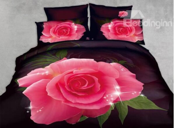 Shining Pink Rose with the black Background Print Duvet Cover Sets