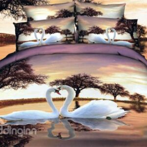 White Swan Couples on the Lake Print Duvet Cover Sets