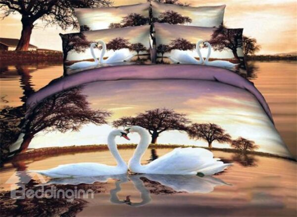 White Swan Couples on the Lake Print Duvet Cover Sets