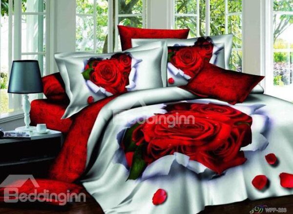 New Arrival Romantic Rose Printed 100% 4 Piece Bedding Sets