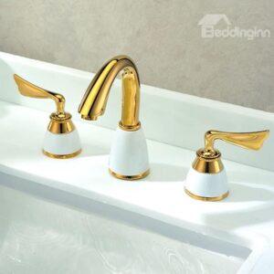 New Arrival High Quality White and Gold Double Handles Bathroom Sink Faucet