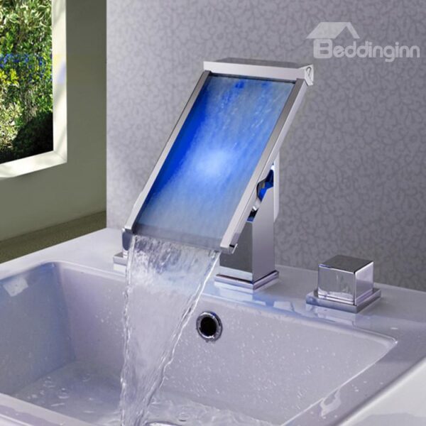 New Arrival LED Color Changing Rectangle Head Widespread Waterfall Bathroom Sink Faucet