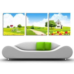 New Arrival Green Grassland Beautiful Flowers And House Film Wall Art Prints