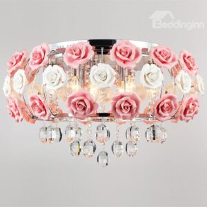 Idyllic Modern Pink Flower Crystal 5 Lights Flush Mount