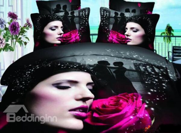 Beauty Girl and Red Rose Print 3D Duvet Cover Sets