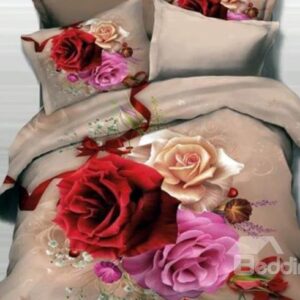 Three Color Roses and Red Ribbon Print 3D Duvet Cover Sets